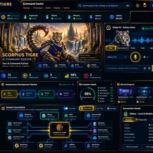 Scorpius Tigre Command Center interface concept showing local AI status, workflow stages, system connections, and owner controls