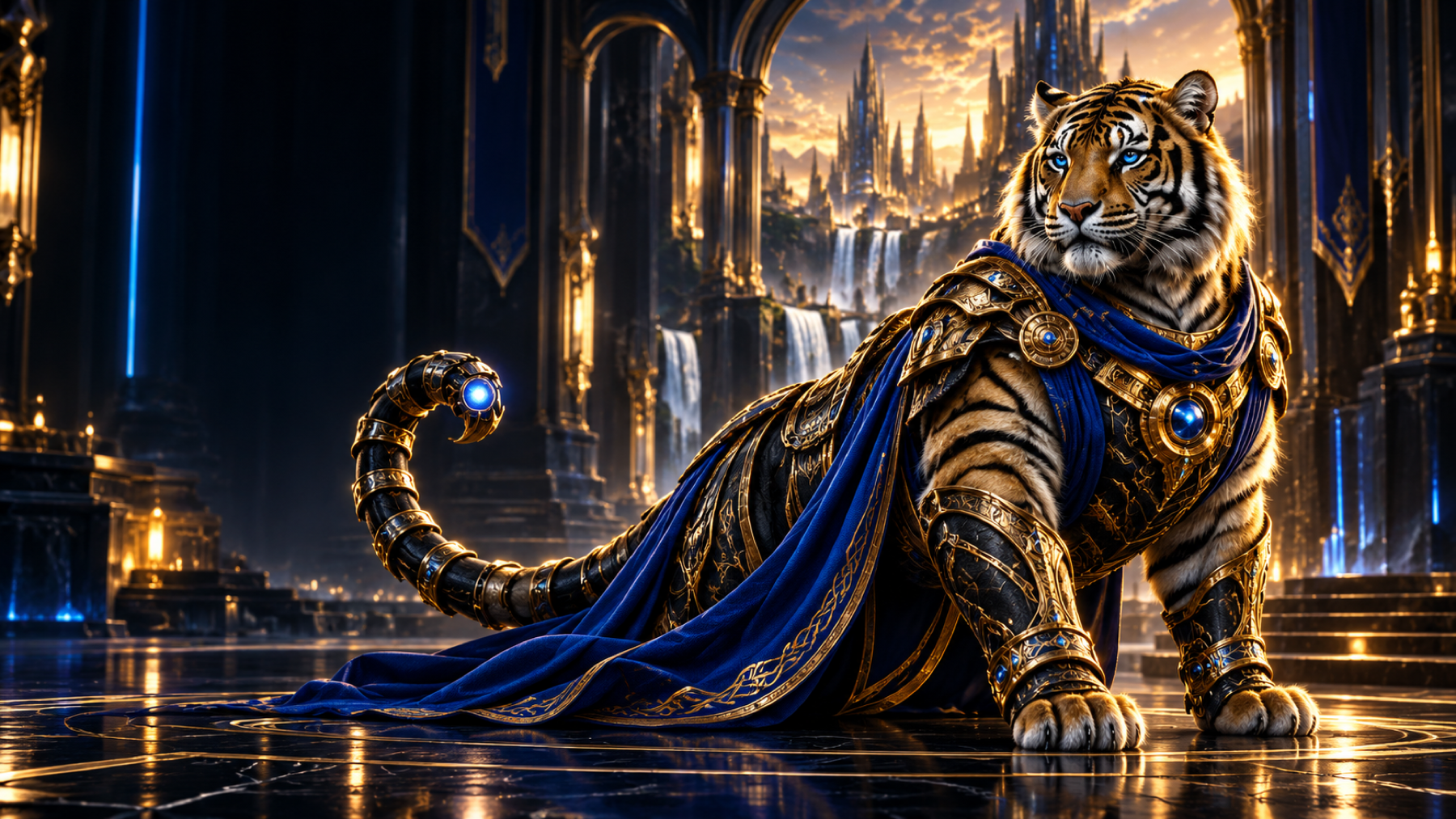 Armored tiger in a midnight-blue and gold command chamber